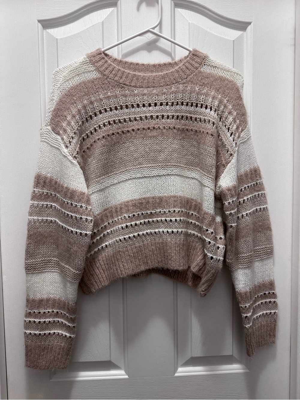 Lush Striped open knit Crewneck Sweater in Cream and Taupe size small cozy fall